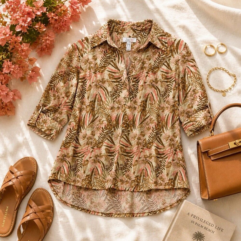 D&Co Cooling Linen Blend Top Palm Print Boho Resort Plus 3X Flowy Summer Blouse
